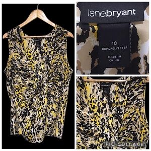 Lane Bryant Black Yellow Leopard, Animal Print Draped Sleeveless Blouse 18, Nwot